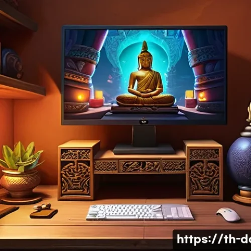 Home 32 도타2 아이템 선물 방법 - A vibrant digital illustration of a cozy gaming setup in a Thai-themed room, featuring a PC screen d...