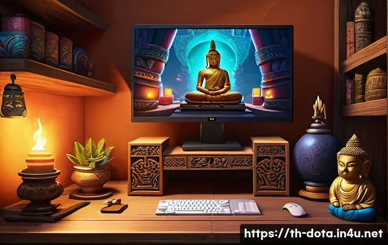 도타2 아이템 선물 방법 - A vibrant digital illustration of a cozy gaming setup in a Thai-themed room, featuring a PC screen d...