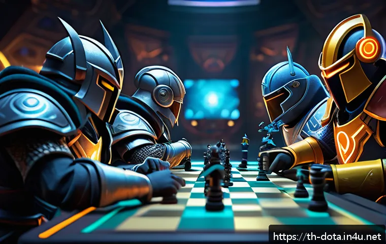 도타2 아케이드 게임 추천 - A dynamic scene of a strategic Auto Chess battle in Dota 2 Arcade: a diverse lineup of heroes clad i...