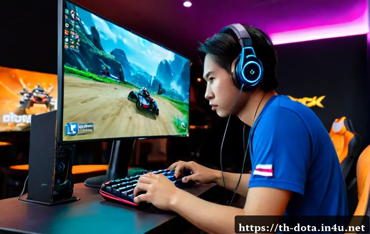 Home 15 도타2 오프레인 전략 - Photorealistic Thai esports player in a modern Bangkok gaming café, calmly studying a large fantasy ...